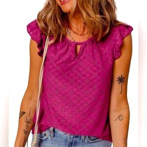 Women's Red Eyelet Top Short Ruffle Sleeves Size L It#KB4